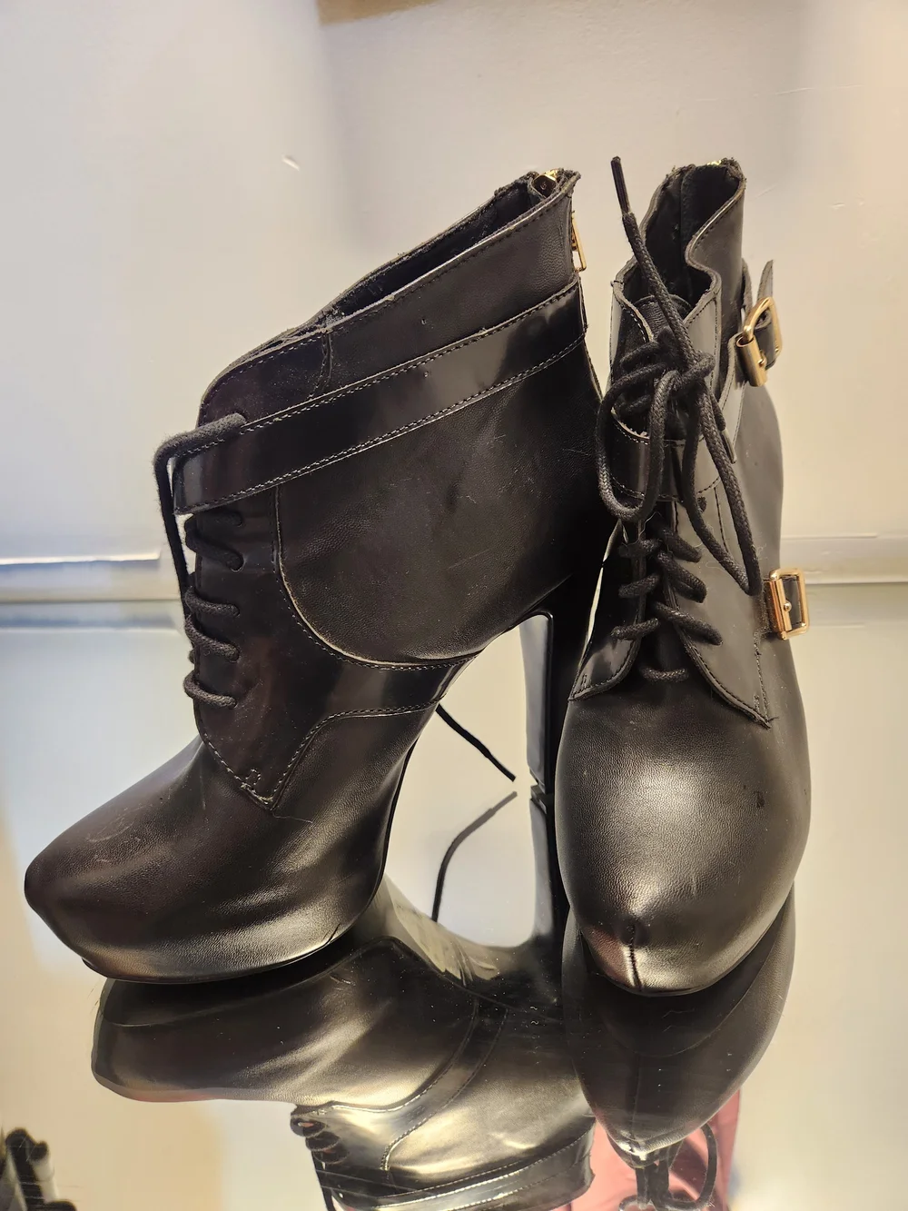 Black Lace-Up High Heel Ankle Boots with Gold Buckle - Picture 2 of 3